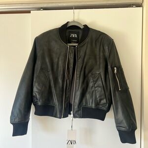 Zara Black Leather Bomber Jacket
